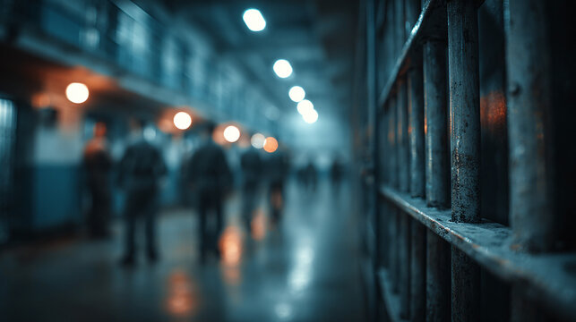 secure prison corridor with barred cell doors and overhead lighting inside correctional facility featuring blurred inmates and guards in background for incarceration concept