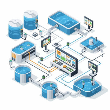 Isometric illustration of a modern automated water treatment plant with control systems and interconnected tanks.