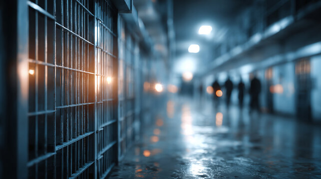 secure prison corridor with barred cell doors and overhead lighting inside correctional facility featuring blurred inmates and guards in background for incarceration concept