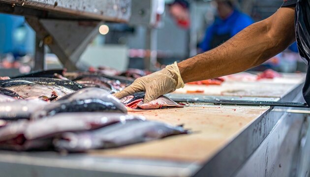 Close-up of a worker processing fish in a factory setting, with the focus on hands and fish. The image captures the meticulous work involved in the food processing industry.