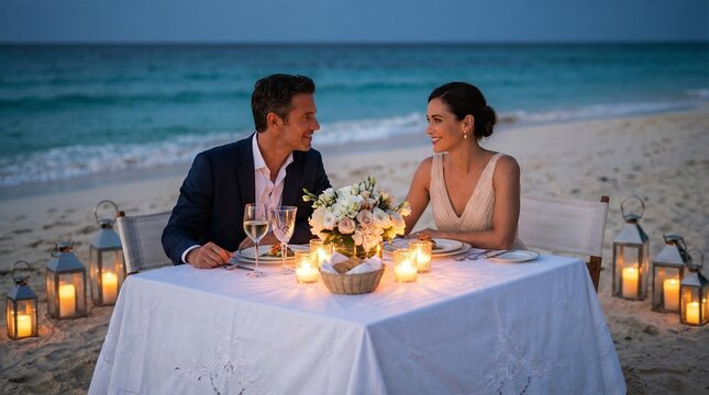 Romantic couple enjoying a candlelit dinner on the beach at twilight.