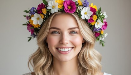 Naklejka premium A woman with long hair and a floral crown smiles sweetly. The floral crown consists of various colorful flowers enhancing the woman’s joyful expression.