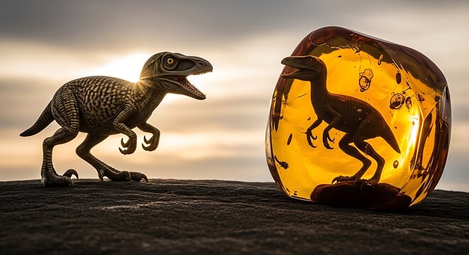 Dinosaur toy and amber fossil replica.