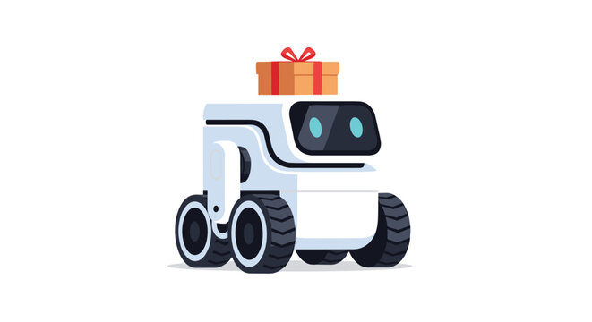 A white futuristic delivery robot carries a red gift box on its top on a white background.
