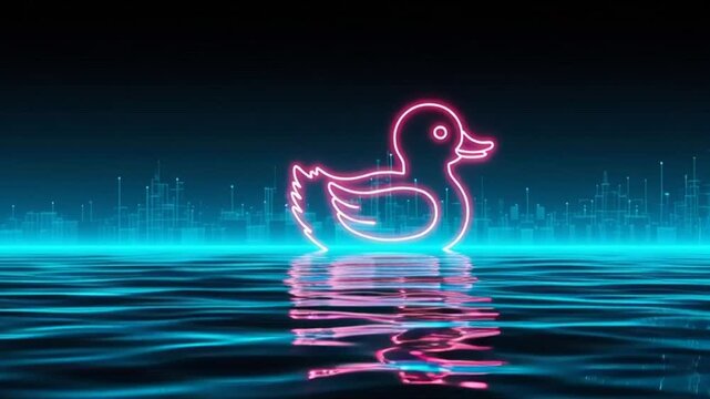 Neon duck floats on water with city skyline at night.