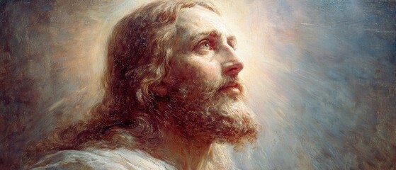 Naklejka premium face of Jesus Christ in divine light, with a halo on a white background with a large empty space. Classical oil painting style symbolizing faith, salvation, hope and the spiritual presence of God