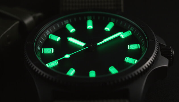 Glowing green tritium gas vials on tactical watch dial in the dark