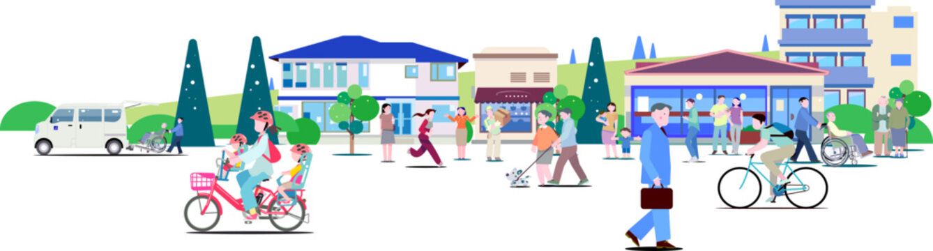 多様な人々が共生する、明るくクリーンな街並みと福祉のフラットイラスト（コピースペース、レイヤー整理済、編集可能）