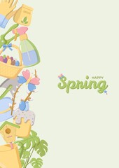 Fototapeta premium Cheerful spring illustration with vertical row of gardening gloves, seed packet, spray bottle, Easter basket with eggs, flowers, blossoms, cake, birdhouse, and foliage, with HAPPY Spring text in green