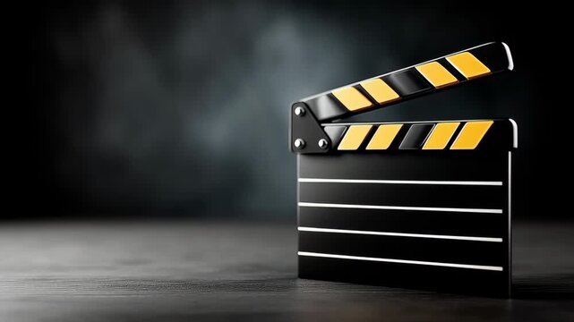 Film clapperboard positioned on a wooden surface with a dark background, showcasing a gradual opening motion across three frames in a cinematic setting
