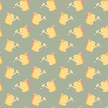 Seamless diagonal pattern of yellow watering cans with pink handles on muted green background, illustrated with water droplets from spouts, cheerful gardening design for spring and decorative projects