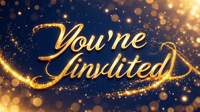 Golden invitation text on sparkly background