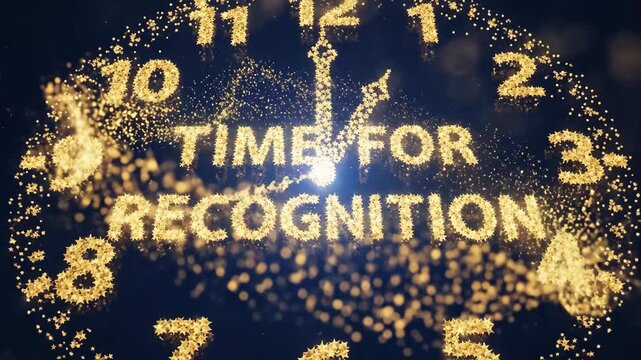 Clock face with golden text announcing recognition time