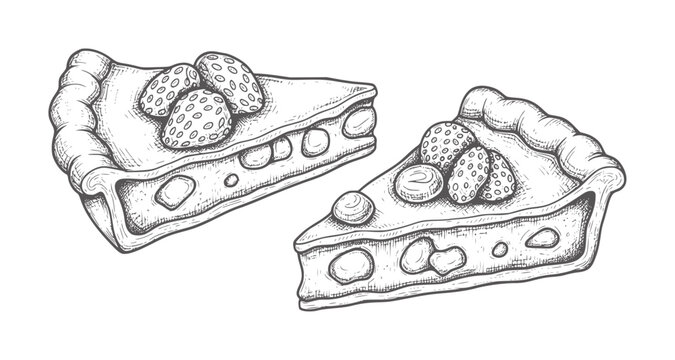 Two slices of strawberry pie with cream filling in style