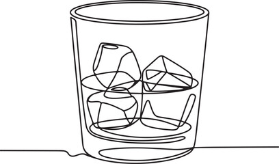 Minimalist single line drawing of a refreshing cocktail with ice cubes in a clear glass on a white background © Mahfuzur