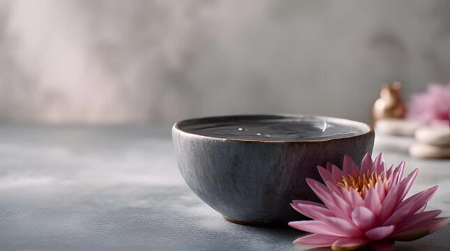 Close up of water pouring from copper ladle into meditation bowl with pink lotus flower