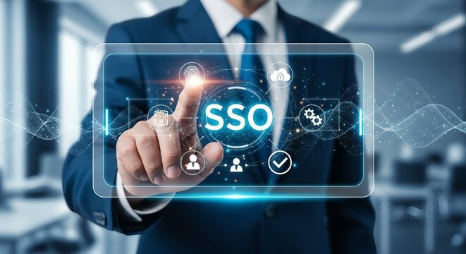 Businessman interacting with a digital interface for single sign on sso