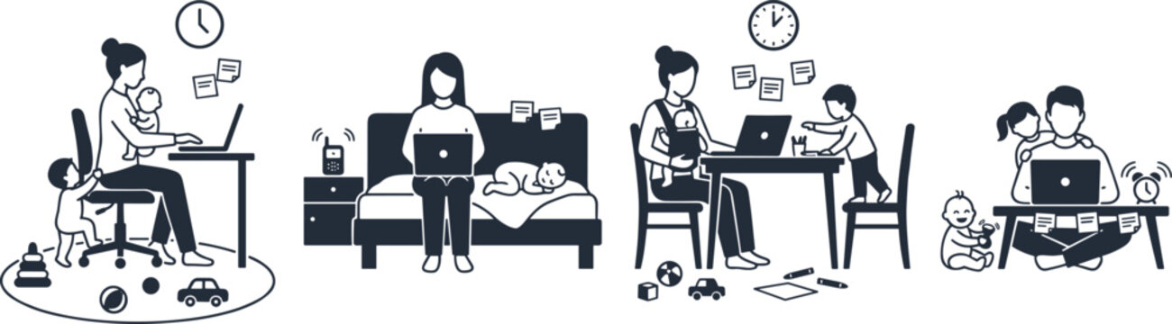 Work-From-Home Mom Illustration Set with Children, Laptops, and Household Tasks for Parenting and Remote Work Designs