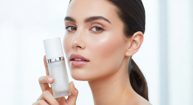 Woman applying skincare product with a focused expression and clear complexion