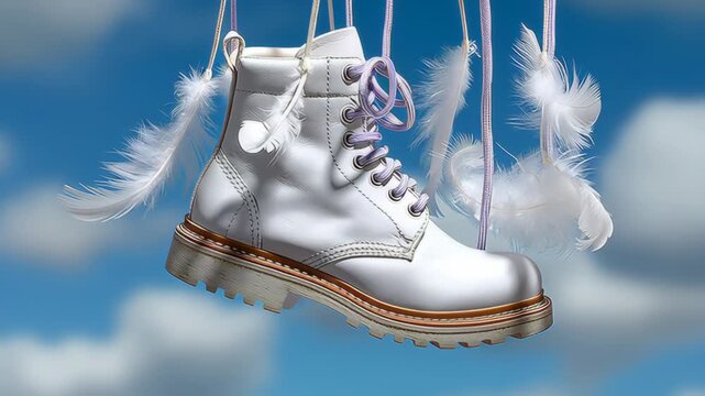 White lace-up boots with purple laces suspended in mid-air, surrounded by soft white feathers against a bright blue sky with fluffy clouds
