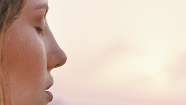 Thinking, calm or woman outside with fresh air, past memory or mindfulness on weekend break. Reflection, mockup space or person outdoor with sky, mindset or peaceful perspective in free time.