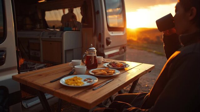 Person enjoying a coffee and breakfast at an outdoor table during sunrise, with a camper van and warm glow in the background