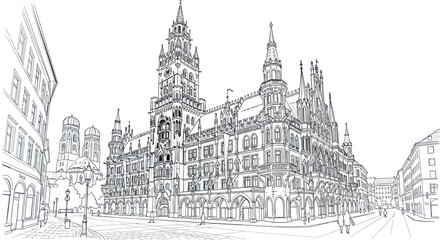 Fototapeta premium New Town Hall Munich Germany Line Drawing Architectural Sketch