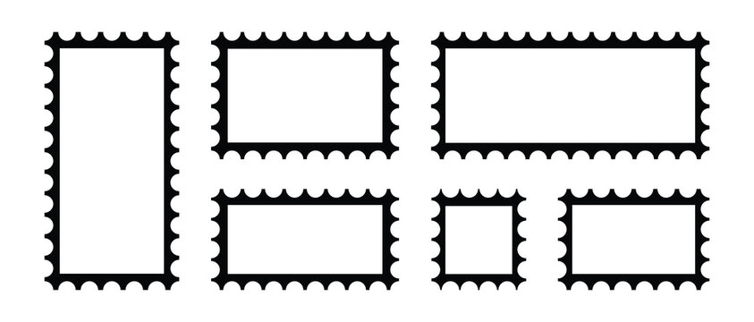 Set of postage stamps border template. Blank frames for mail letter. Jagged wavy edge forms. Vector illustration eps 10