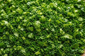 Obraz premium Finely minced fresh green herbs, including cilantro and green onions, form a uniform texture, representing healthy eating, cooking ingredients, and natural flavors for culinary use