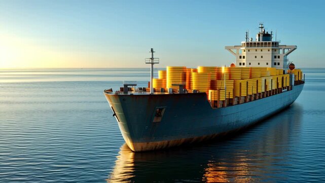 Cargo ship loaded with yellow containers navigates calm waters during sunrise, reflecting colors on the surface, showcasing maritime transport in a serene coastal environment