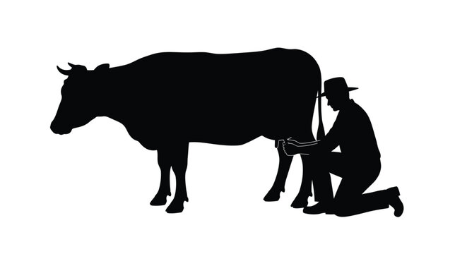 Farmer milking a cow in a striking black form silhouette