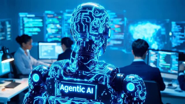 AI robot in tech office with monitors