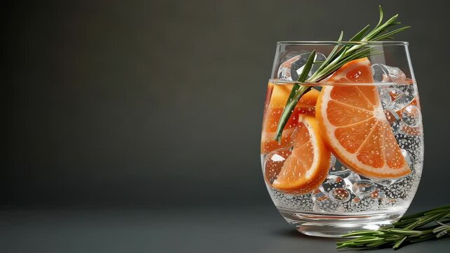 Refreshing glass of sparkling water with orange slices and rosemary sprig, showcasing vibrant colors and textures against a dark background