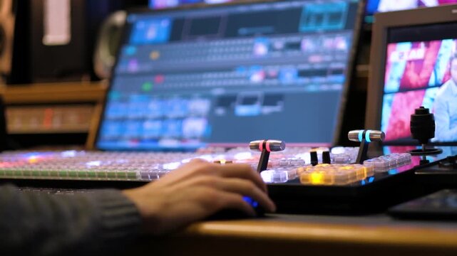 Professional video editor working with digital broadcast switcher and mixer console in studio