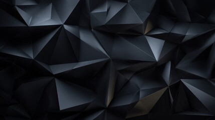 Fototapeta premium A dark polygonal background with sharp black geometric facets and soft reflections, creating a sleek abstract 3D effect against a pure black backdrop.