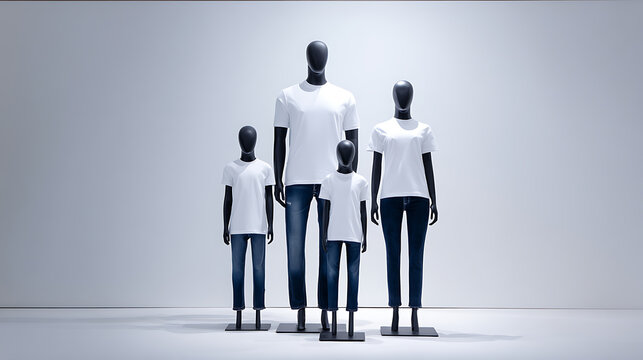 Family of four mannequins display plain white t-shirts and jeans in a clean studio setting, perfect for apparel mockups and retail concepts