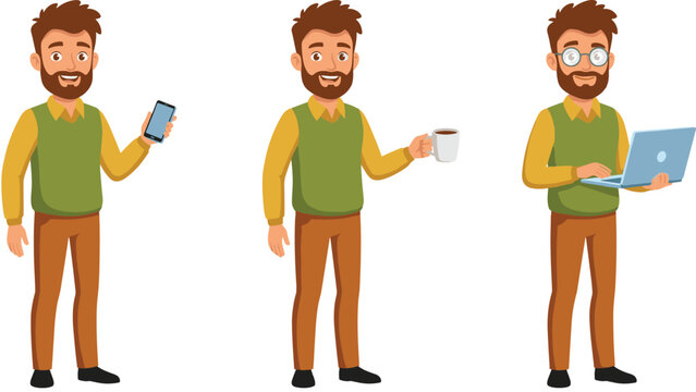 Illustration of Casual Businessman with Phone, Coffee Mug, and Laptop in Different Relaxed Working Poses