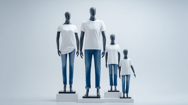 Family Mannequins Display Blank White T-Shirts and Jeans, Ready for Branding, Product Showcase, or Retail Promotion on Clean Background