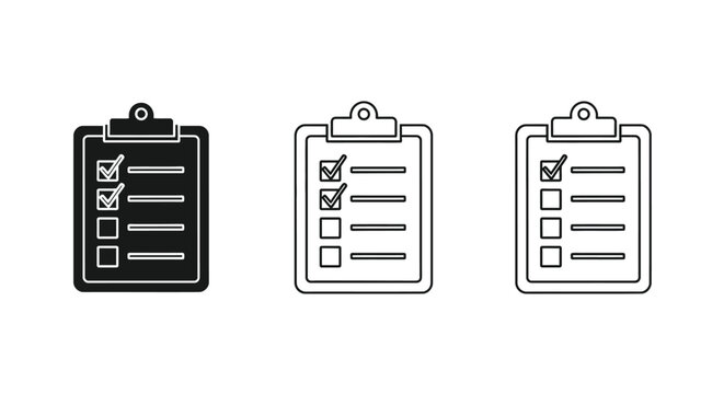Three clipboard icons with checkboxes in varying styles silhouette