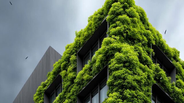 Greenery-covered modern building corner with lush foliage and dark clouds in the background, showcasing sustainable architecture and urban design elements