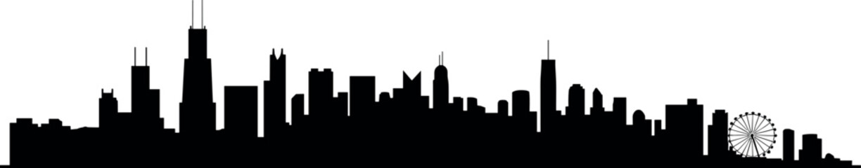 Obraz premium Chicago city skyline silhouette with Willis Tower Ferris wheel urban architecture modern black vector illustration isolated on white background
