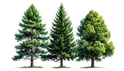 Fototapeta premium Three vibrant evergreen trees with diverse shapes and textures against a transparent background