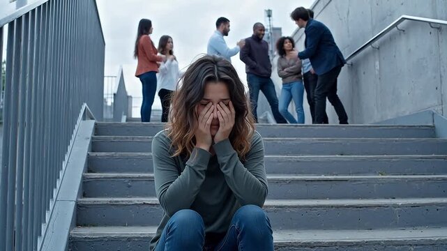 Woman sitting on stairs covering face