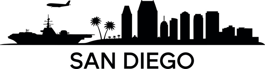 Obraz premium San Diego skyline silhouette with downtown buildings, palm trees, aircraft carrier and airplane, California coastal cityscape in minimal modern illustration design
