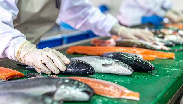 Hands processing salmon fillets in a food processing plant, focusing on hygiene, showing a close-up view of fresh salmon