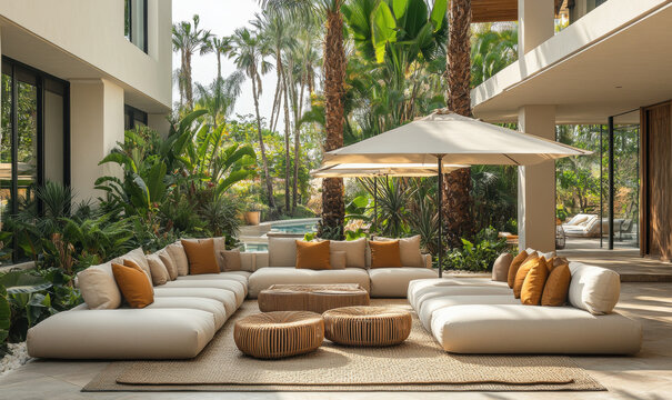 Luxury resort hotel with elegant lounge interior and outdoor patio in tropical modern design