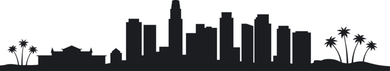 Obraz premium Los Angeles skyline silhouette with downtown skyscrapers and palm trees, California urban cityscape in clean modern panoramic illustration design