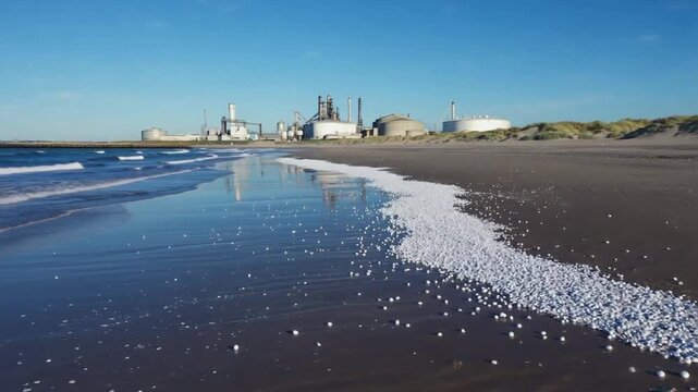 Plastic pellets on a beach. Pollution from a factory.