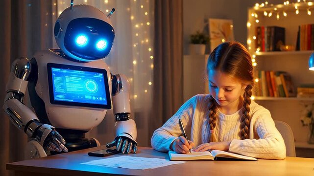 Girl and robot at desk