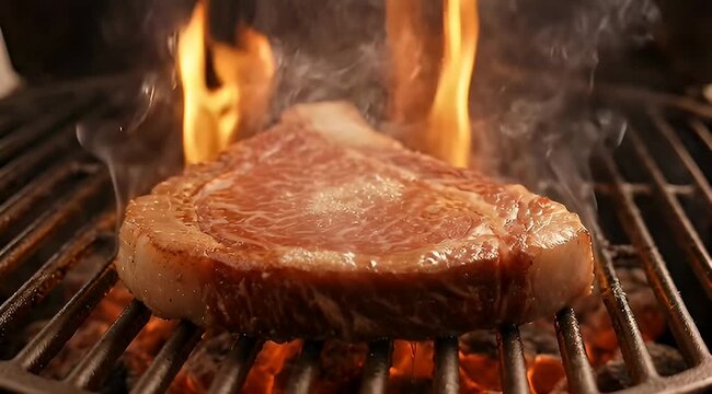Prime Cut Steak Grilling Over Open Flames